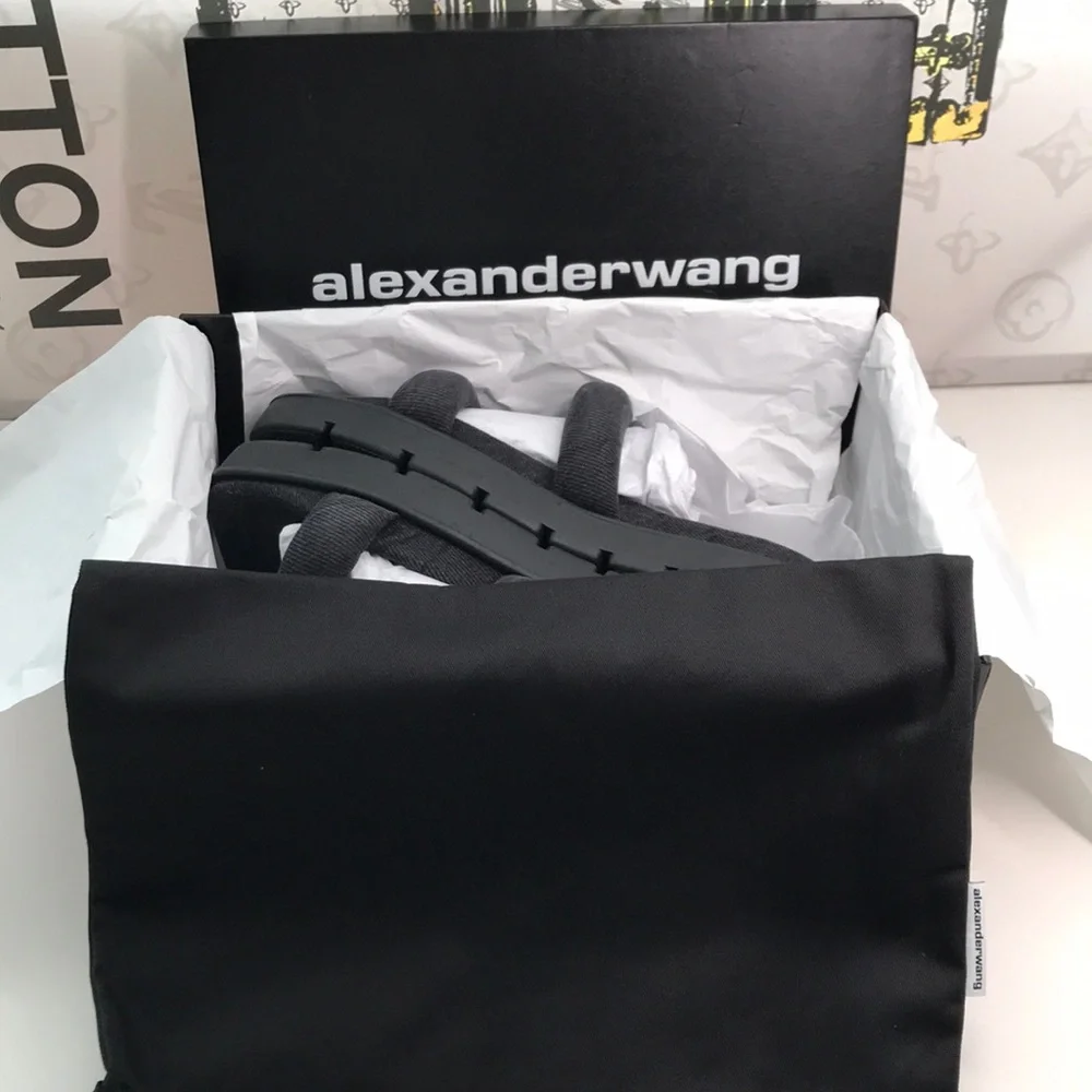 New Authentic Alexander Wang Women’s Jay Flatform Slides – Grey Denim